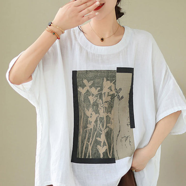 Buddha Stones Casual Flower Prints Women's Crew Neck Design Half Sleeve Cotton Spandex T-shirt