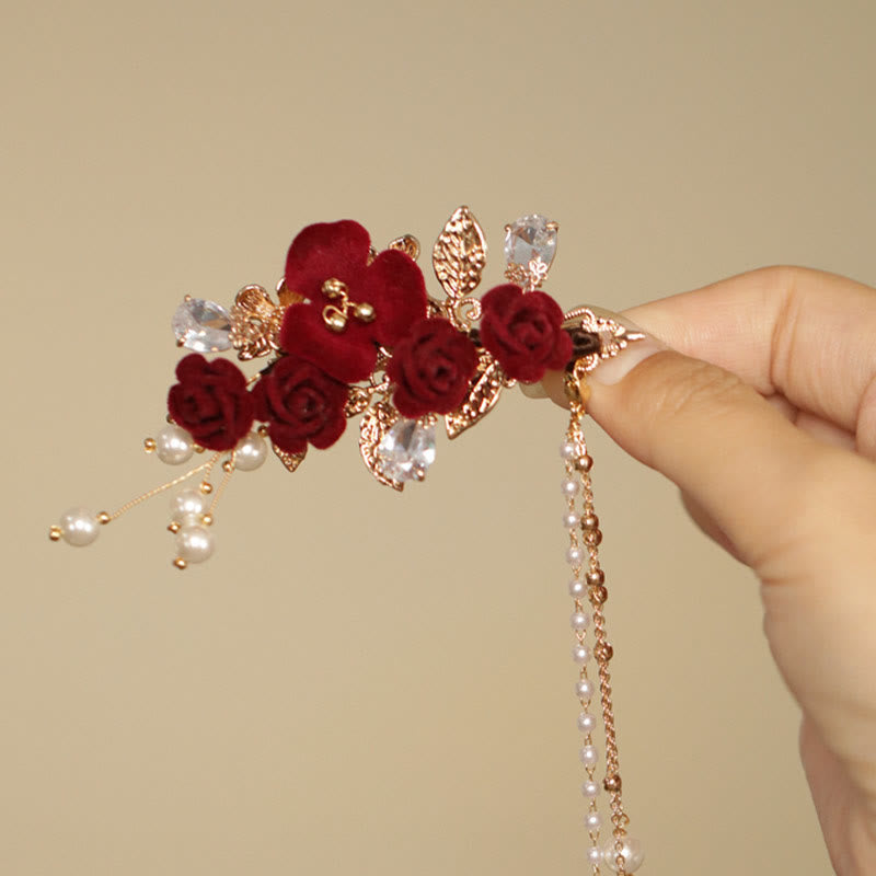 Buddha Stones Retro Chinese Style Red Camellia Flower Tassel Side Hair Clip