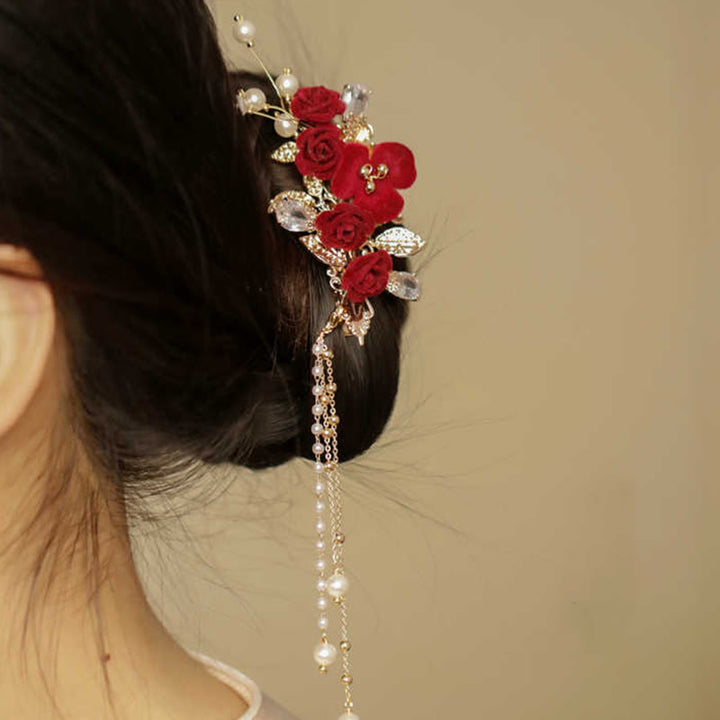 Buddha Stones Retro Chinese Style Red Camellia Flower Tassel Side Hair Clip