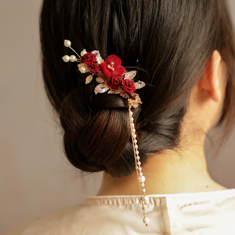 Buddha Stones Retro Chinese Style Red Camellia Flower Tassel Side Hair Clip