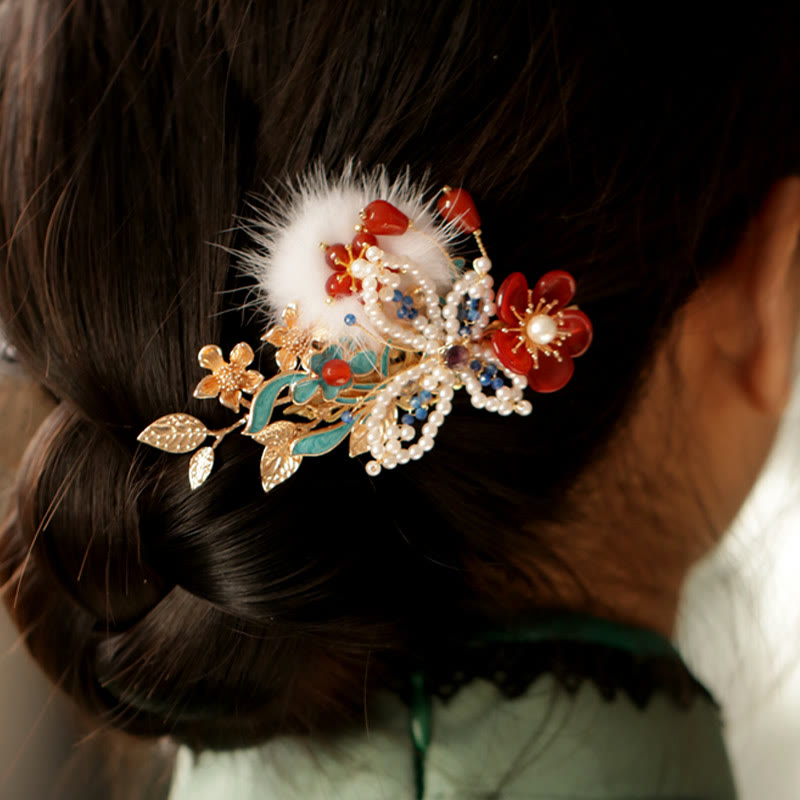 Buddha Stones Classical Chinese Style Red Flower Butterfly Pearl Hair Clip