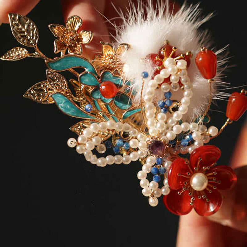 Buddha Stones Classical Chinese Style Red Flower Butterfly Pearl Hair Clip