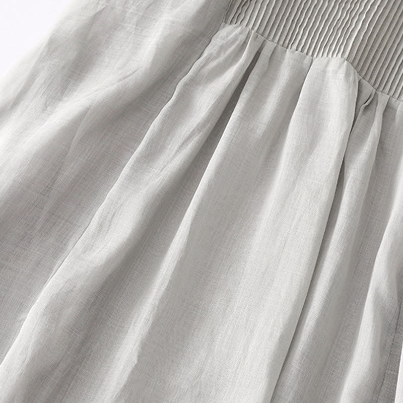 Buddha Stones Casual Accordion Pleat Plain V-neck Short Sleeve Cotton Midi Dress With Pockets