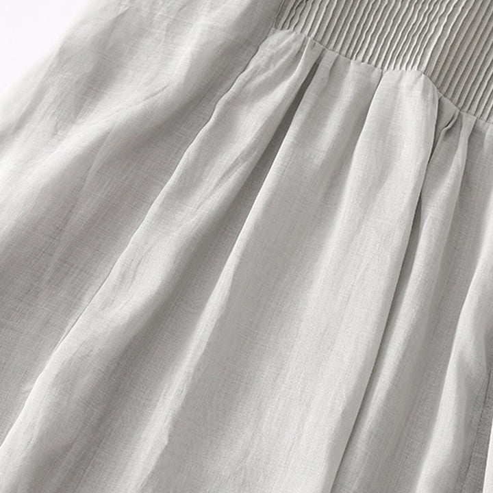 Buddha Stones Casual Accordion Pleat Plain V-neck Short Sleeve Cotton Midi Dress With Pockets