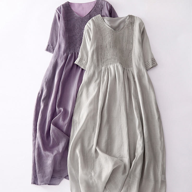 Buddha Stones Casual Accordion Pleat Plain V-neck Short Sleeve Cotton Midi Dress With Pockets