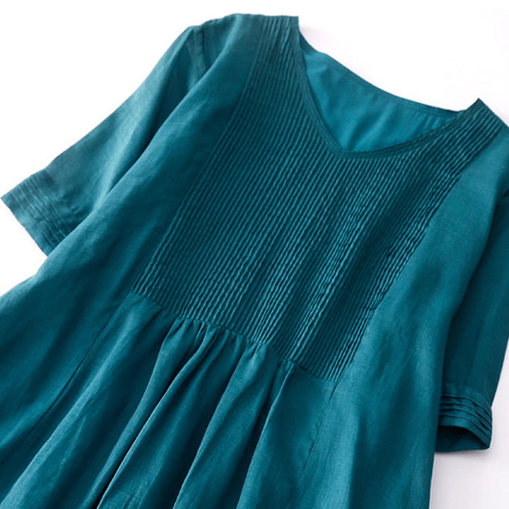 Buddha Stones Casual Accordion Pleat Plain V-neck Short Sleeve Cotton Midi Dress With Pockets