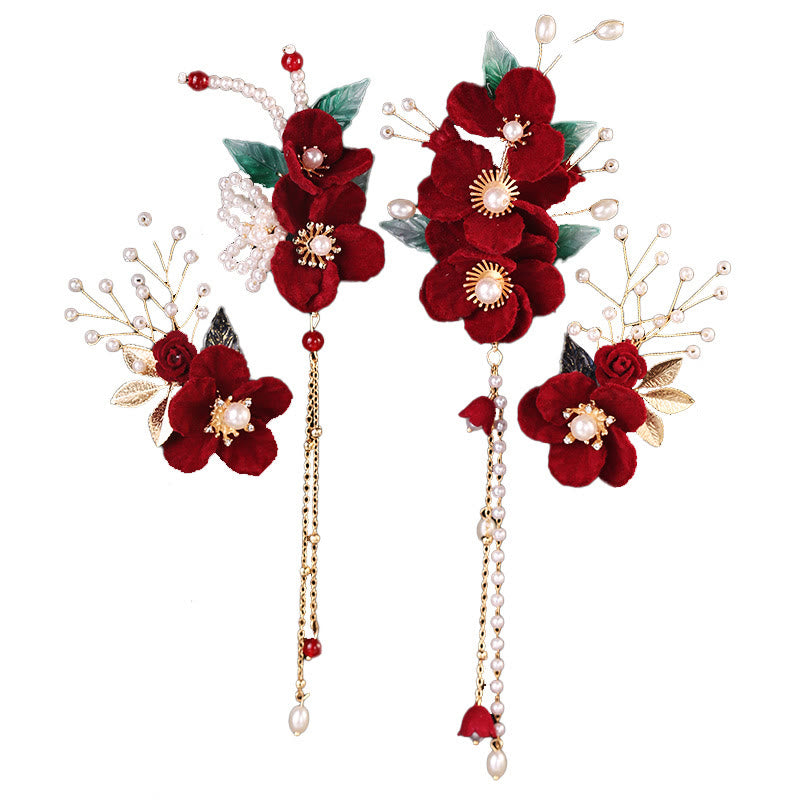 Buddha Stones Antiquity Red Flowers Pearl Tassel Hair Clip Set