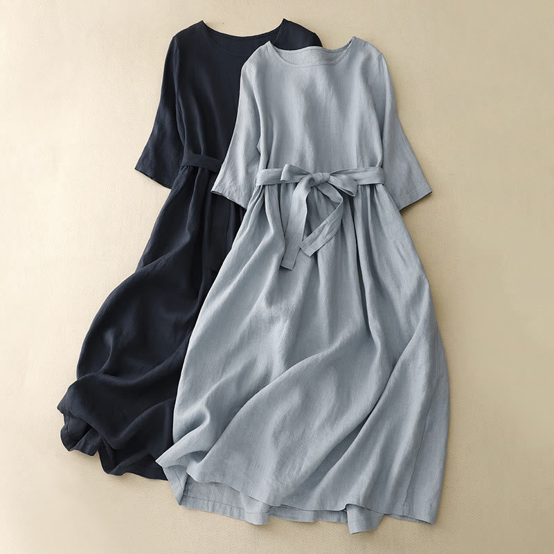 Buddha Stones Casual Plain Crew Neck Lace-up Half Sleeve Cotton Linen Midi Dress With Pockets - MidnightBlue - US8-10，UK/AU12-14，EU40-42 (2XL) - image 1