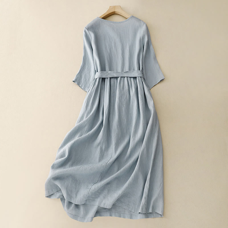 Buddha Stones Casual Plain Crew Neck Lace-up Half Sleeve Cotton Linen Midi Dress With Pockets