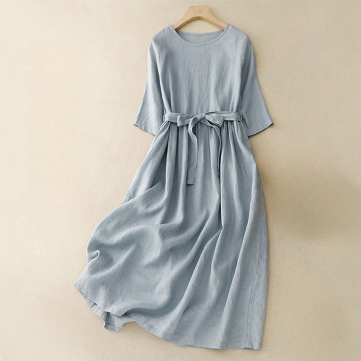 Buddha Stones Casual Plain Crew Neck Lace-up Half Sleeve Cotton Linen Midi Dress With Pockets - SkyBlue - US8-10，UK/AU12-14，EU40-42 (2XL) - image 8