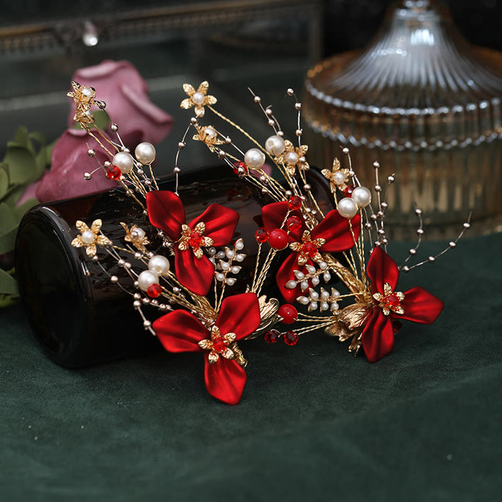 Buddha Stones Chinese Wedding Bridal Red Flower Branche Pearl Hair Clip Set