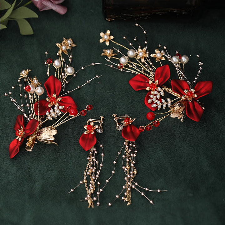 Buddha Stones Chinese Wedding Bridal Red Flower Branche Pearl Hair Clip Set