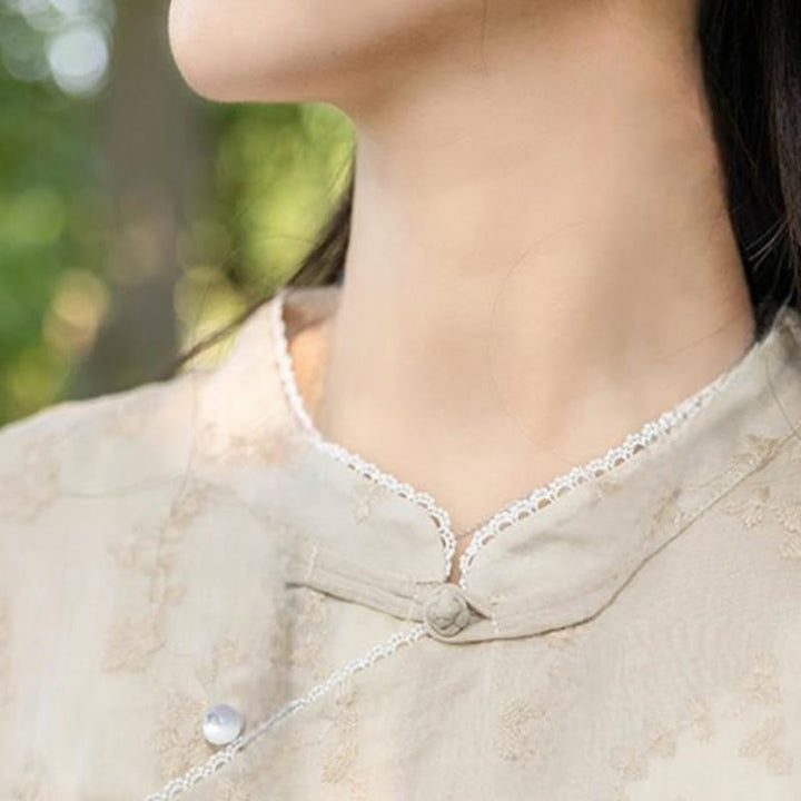 Buddha Stones Casual Embroidered Slant Collar Stand Collar Half Sleeve Design Ramie Midi Dress With Pockets - image 4