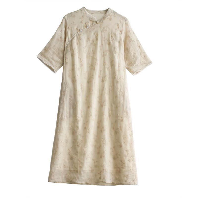 Buddha Stones Casual Embroidered Slant Collar Stand Collar Half Sleeve Design Ramie Midi Dress With Pockets - image 9