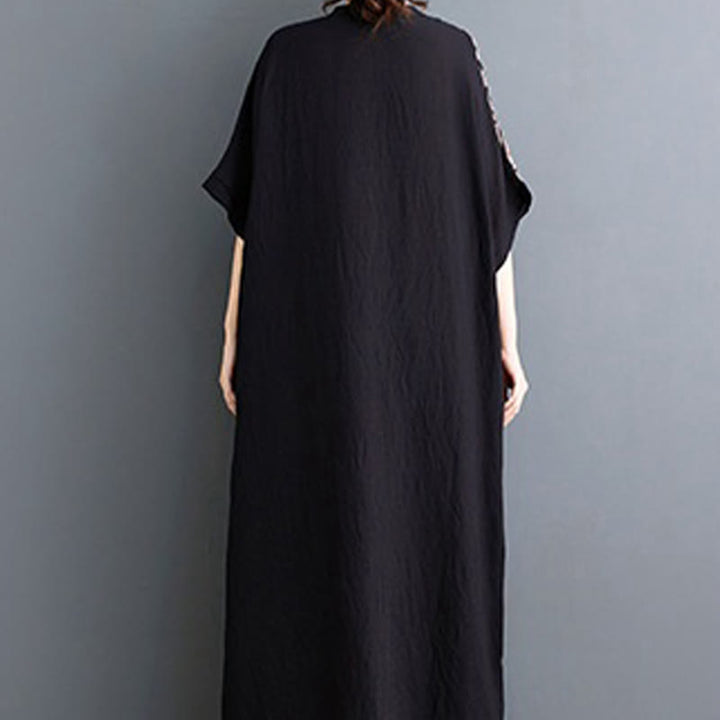 Buddha Stones Casual Loose Printing Dyeing Cotton Linen V-neck Half Sleeve Design Midi Dress With Pockets - image 2