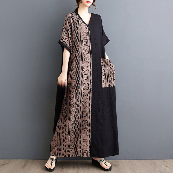Buddha Stones Casual Loose Printing Dyeing Cotton Linen V-neck Half Sleeve Design Midi Dress With Pockets - image 4