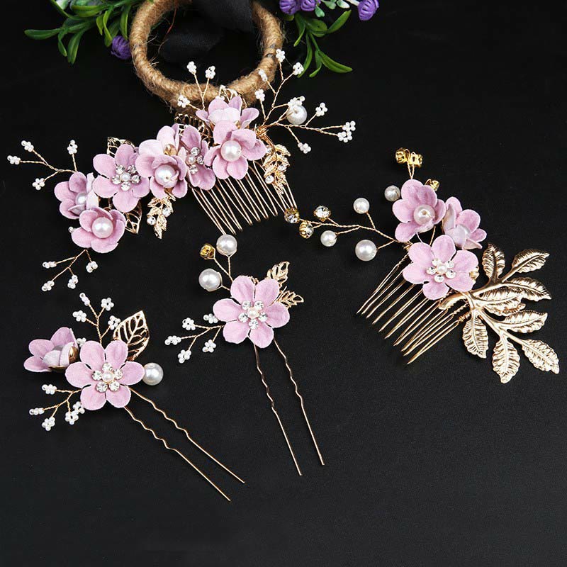 Buddha Stones 4Pcs Handmade Wedding Golden Leaf Flower Pearl Hairpin Hair Comb Set