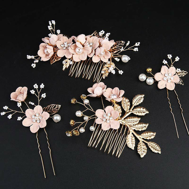 Buddha Stones 4Pcs Handmade Wedding Golden Leaf Flower Pearl Hairpin Hair Comb Set