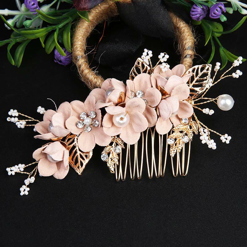 Buddha Stones 4Pcs Handmade Wedding Golden Leaf Flower Pearl Hairpin Hair Comb Set