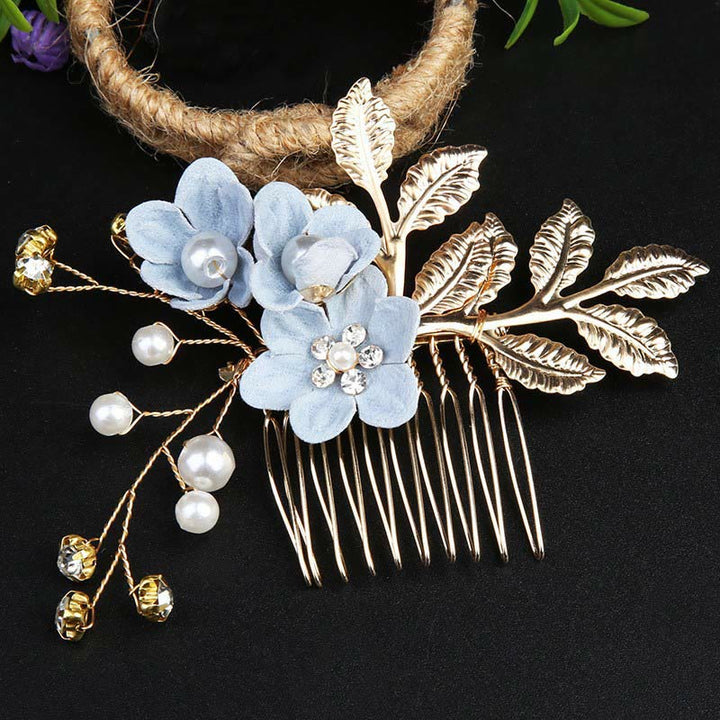 Buddha Stones 4Pcs Handmade Wedding Golden Leaf Flower Pearl Hairpin Hair Comb Set