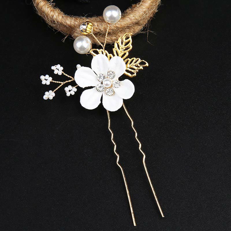 Buddha Stones 4Pcs Handmade Wedding Golden Leaf Flower Pearl Hairpin Hair Comb Set