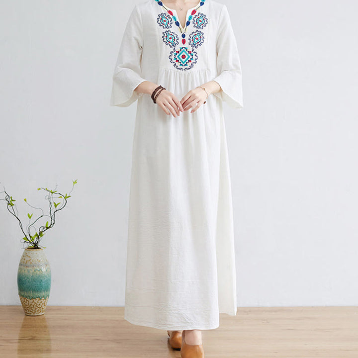 Buddha Stones Casual Embroidered Flower Pattern V-neck Three Quarter Sleeve Design Cotton Linen Midi Dress