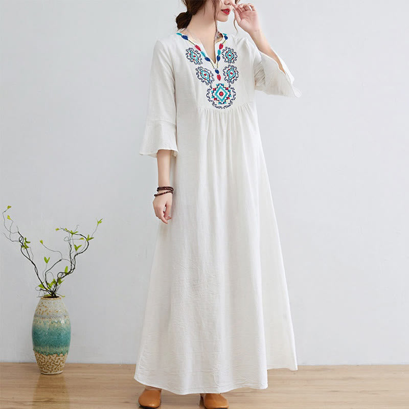 Buddha Stones Casual Embroidered Flower Pattern V-neck Three Quarter Sleeve Design Cotton Linen Midi Dress - Snow - US8-10，UK/AU12-14，EU40-42 (2XL) - image 1