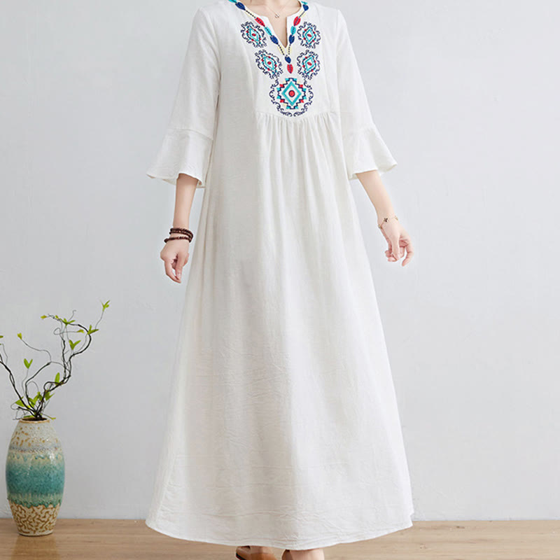 Buddha Stones Casual Embroidered Flower Pattern V-neck Three Quarter Sleeve Design Cotton Linen Midi Dress - image 4