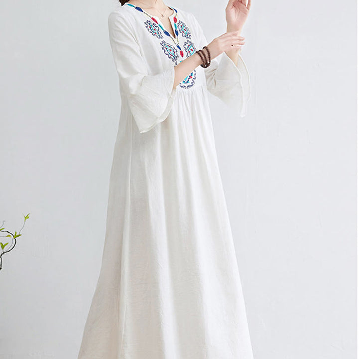 Buddha Stones Casual Embroidered Flower Pattern V-neck Three Quarter Sleeve Design Cotton Linen Midi Dress - image 2