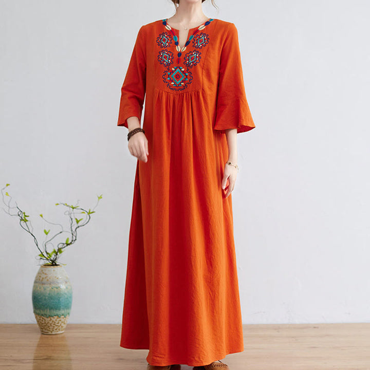 Buddha Stones Casual Embroidered Flower Pattern V-neck Three Quarter Sleeve Design Cotton Linen Midi Dress