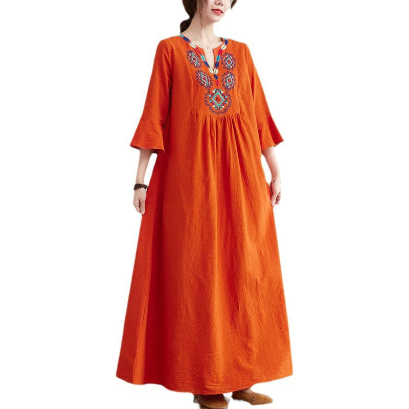 Buddha Stones Casual Embroidered Flower Pattern V-neck Three Quarter Sleeve Design Cotton Linen Midi Dress