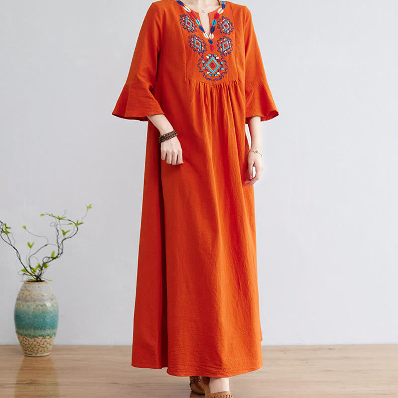 Buddha Stones Casual Embroidered Flower Pattern V-neck Three Quarter Sleeve Design Cotton Linen Midi Dress