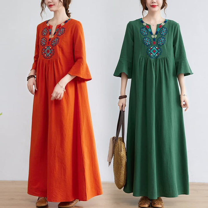 Buddha Stones Casual Embroidered Flower Pattern V-neck Three Quarter Sleeve Design Cotton Linen Midi Dress