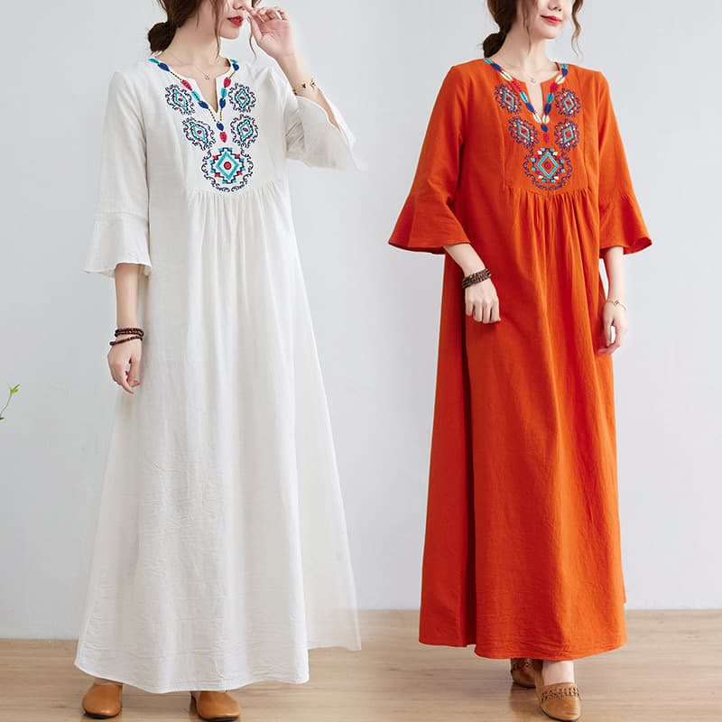 Buddha Stones Casual Embroidered Flower Pattern V-neck Three Quarter Sleeve Design Cotton Linen Midi Dress - image 0