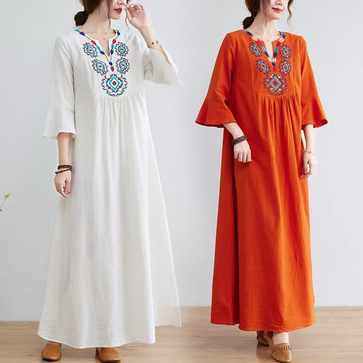 Buddha Stones Casual Embroidered Flower Pattern V-neck Three Quarter Sleeve Design Cotton Linen Midi Dress - image 0