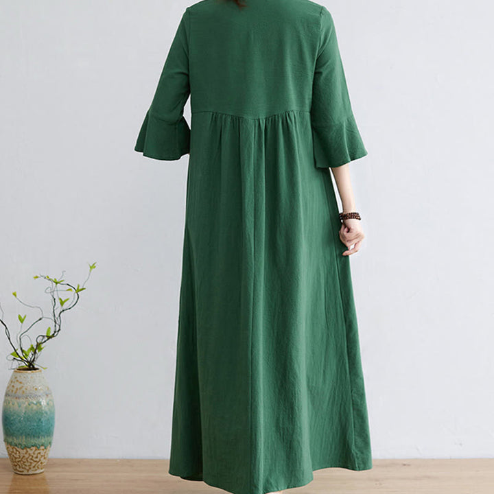 Buddha Stones Casual Embroidered Flower Pattern V-neck Three Quarter Sleeve Design Cotton Linen Midi Dress - image 15