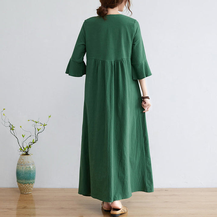 Buddha Stones Casual Embroidered Flower Pattern V-neck Three Quarter Sleeve Design Cotton Linen Midi Dress - image 16