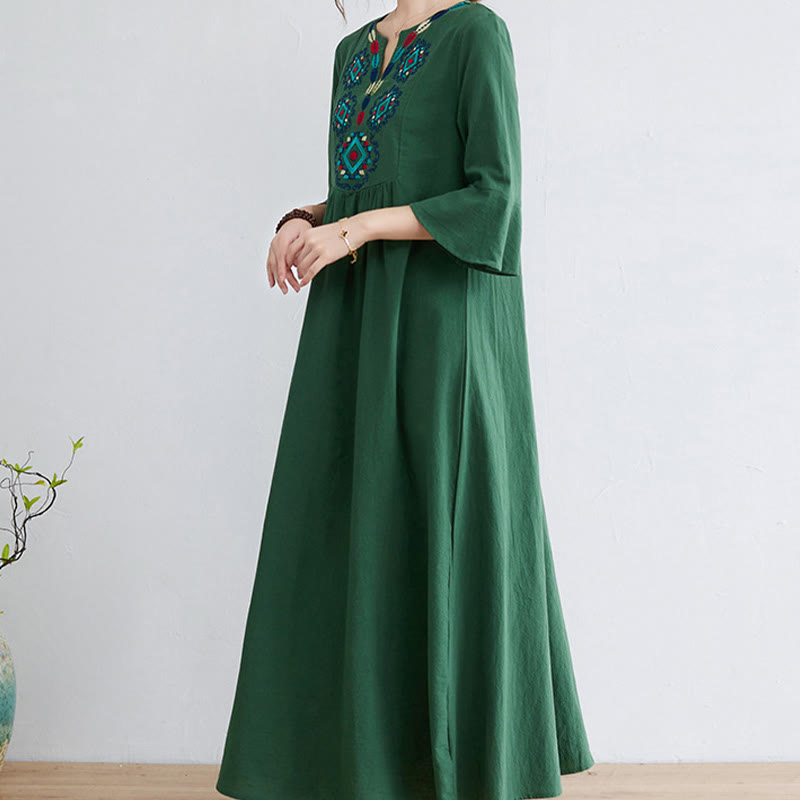 Buddha Stones Casual Embroidered Flower Pattern V-neck Three Quarter Sleeve Design Cotton Linen Midi Dress - image 17
