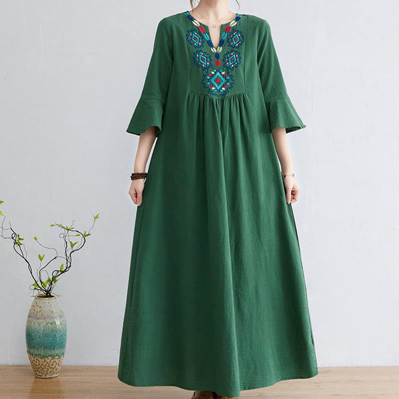 Buddha Stones Casual Embroidered Flower Pattern V-neck Three Quarter Sleeve Design Cotton Linen Midi Dress - Green - US8-10，UK/AU12-14，EU40-42 (2XL) - image 14