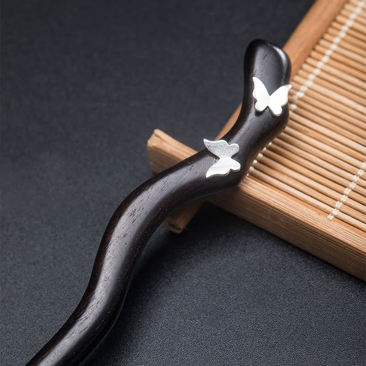 Buddha Stones 925 Sterling Silver Classical Chinese Style Ebony Butterfly Relax Hairpin - image 5