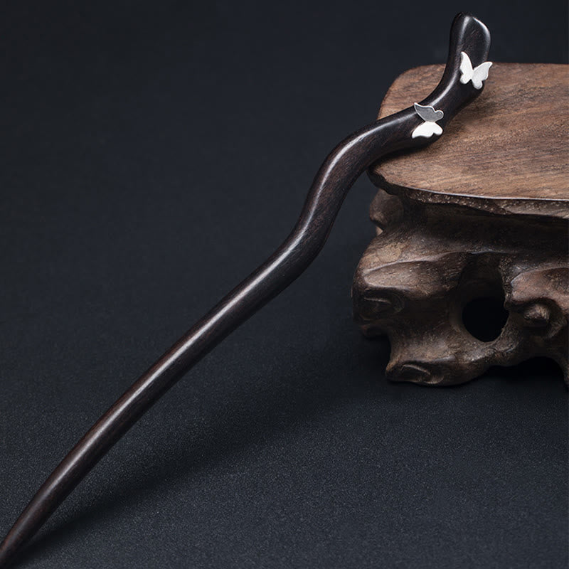 Buddha Stones 925 Sterling Silver Classical Chinese Style Ebony Butterfly Relax Hairpin - image 1