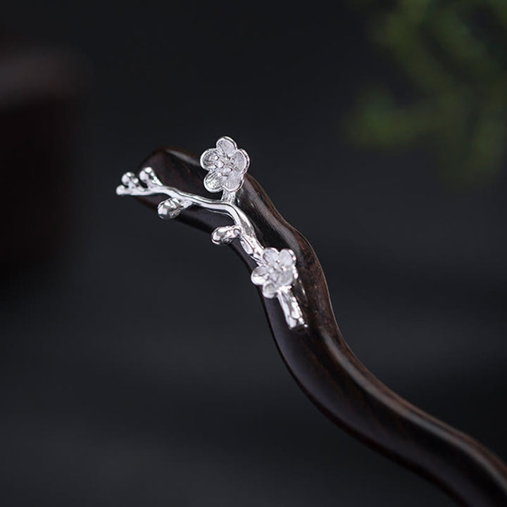Buddha Stones 925 Sterling Silver Classical Chinese Style Ebony Plum Blossom Blessing Hairpin - image 4