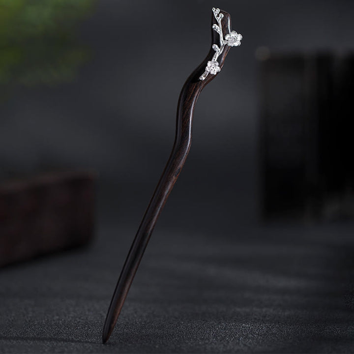 Buddha Stones 925 Sterling Silver Classical Chinese Style Ebony Plum Blossom Blessing Hairpin - image 7