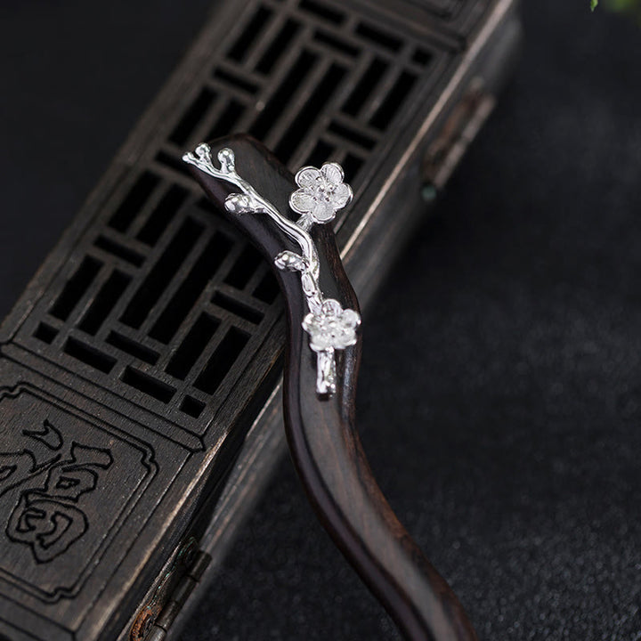 Buddha Stones 925 Sterling Silver Classical Chinese Style Ebony Plum Blossom Blessing Hairpin