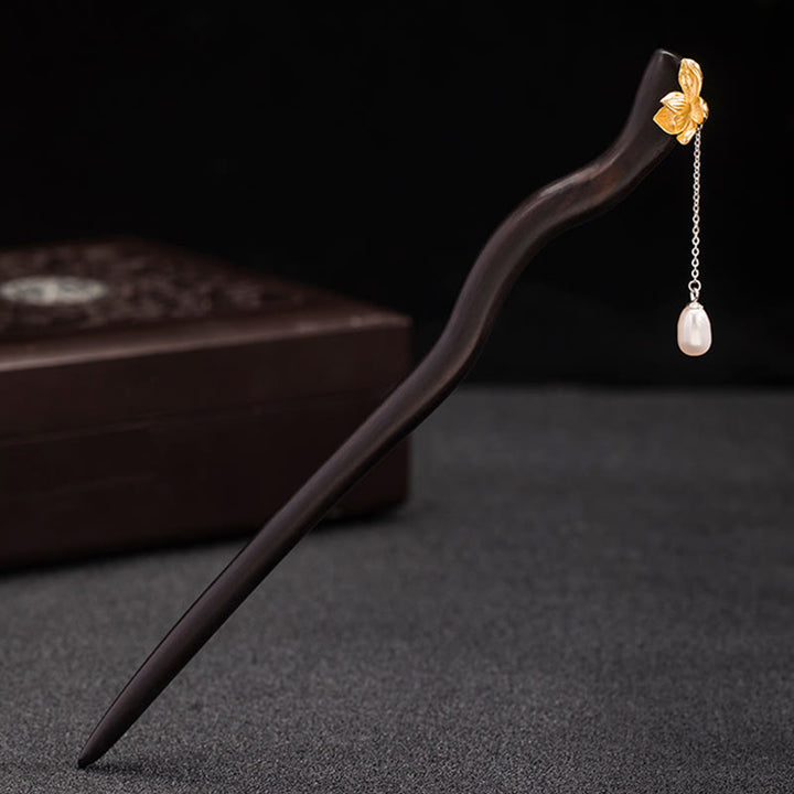 Buddha Stones 925 Sterling Silver Classical Chinese Style Ebony Lotus Flower Pearl Tassel Blessing Hairpin - image 2