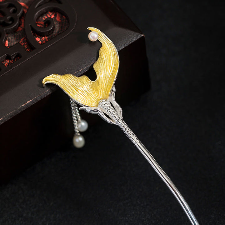 Buddha Stones 925 Sterling Silver Classical Chinese Style Fish Tail Pearl Tassel Calm Hairpin - image 7