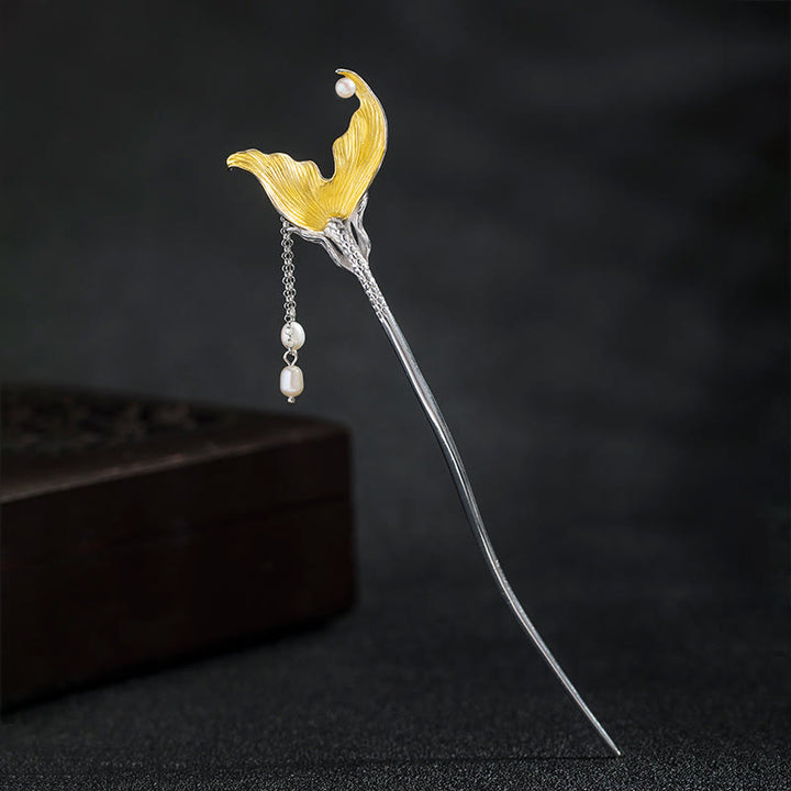 Buddha Stones 925 Sterling Silver Classical Chinese Style Fish Tail Pearl Tassel Calm Hairpin - Fish Tail Hairpin - image 0