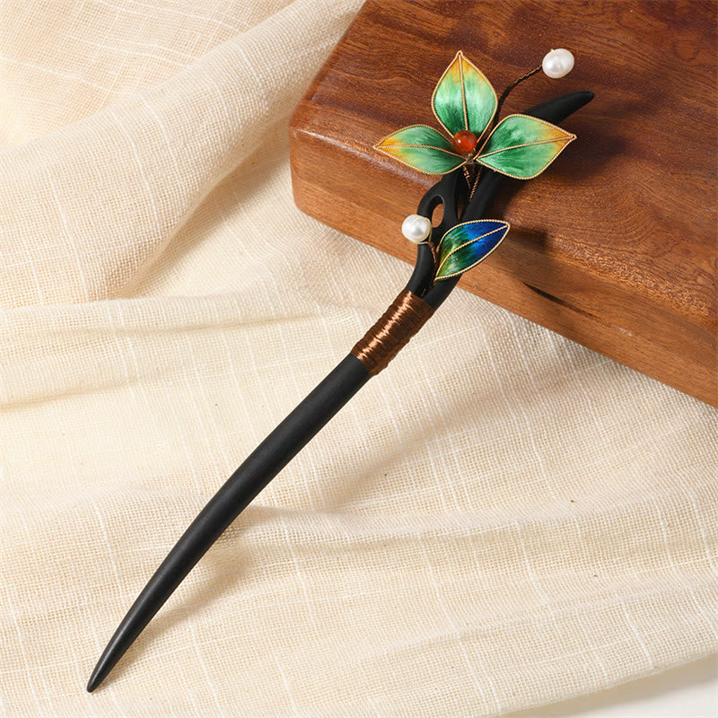 Buddha Stones Intangible Cultural Heritage Craft Ebony Wood Silk Flower Butterfly Pearl Blessing Hairpin