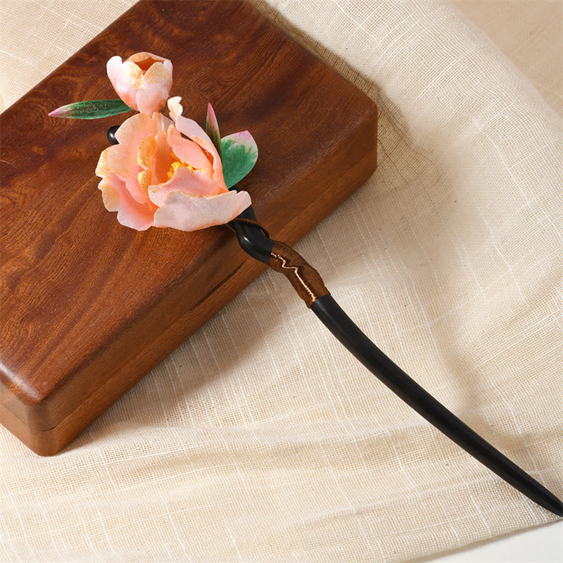 Buddha Stones Intangible Cultural Heritage Craft Ebony Wood Silk Flower Butterfly Pearl Blessing Hairpin