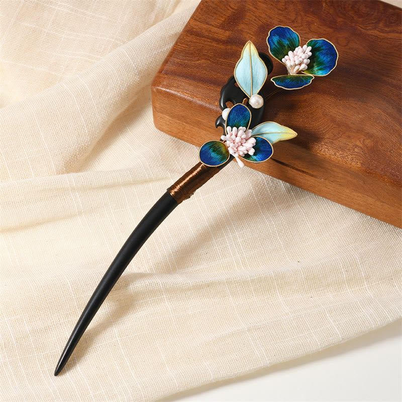 Buddha Stones Intangible Cultural Heritage Craft Ebony Wood Silk Flower Butterfly Pearl Blessing Hairpin